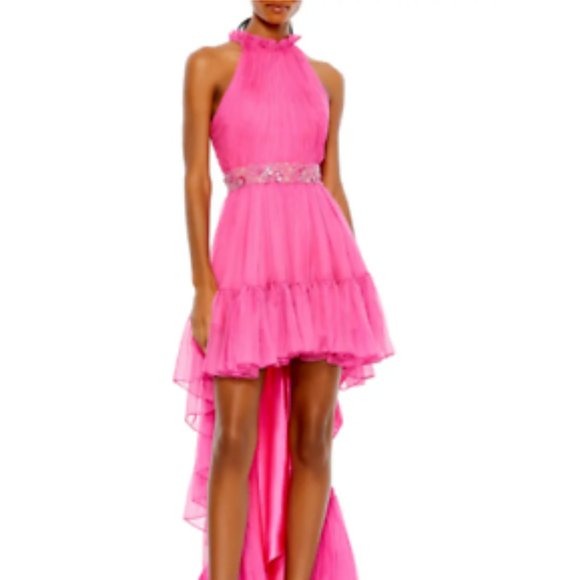 MAC DUGGAL HALTER NECK HIGH LOW CHIFFON HOT PINK GOWN sz 2 - Picture 1 of 5